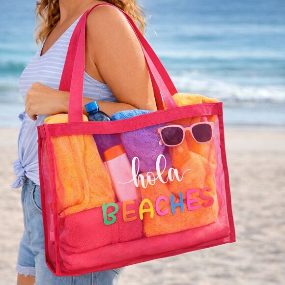 Pink Foldable Mesh Beach Tote Bag 30L Sand Proof with Pouch & Pockets NWT - Picture 2 of 2